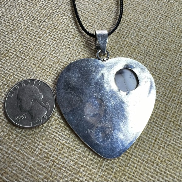 New Large Dendritic Opal Heart Silver Overlay Pendant Necklace w Cord - Picture 3 of 6